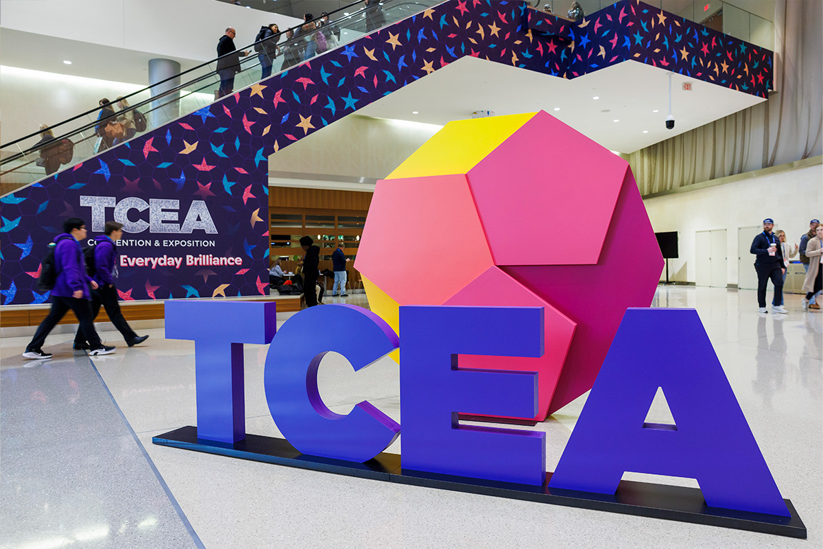 We Are TCEA foam stage prop on convention mainstage.
